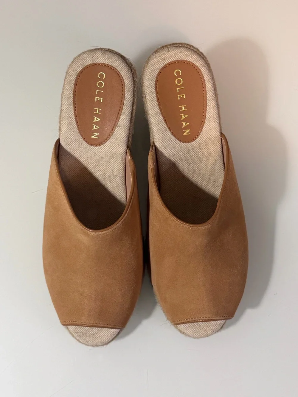 Cole Haan Cloudfeel Southcrest Espadrille Wedge Mule in tan suede sz7